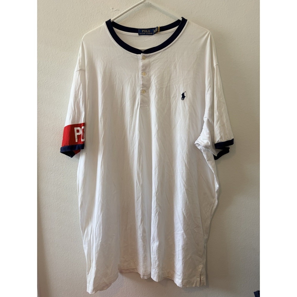 Polo Ralph Lauren Henley T-Shirt Mens 2XLT White Red Blue Sleeve Logo Big Tall